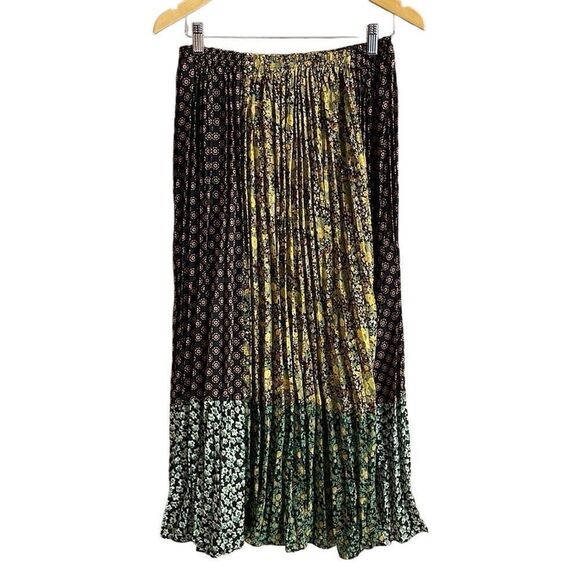 Vintage TRIO NY Peasant Pleated Patchwork Maxi Skirt Yellow Green,Black Size 8 - Picture 1 of 11